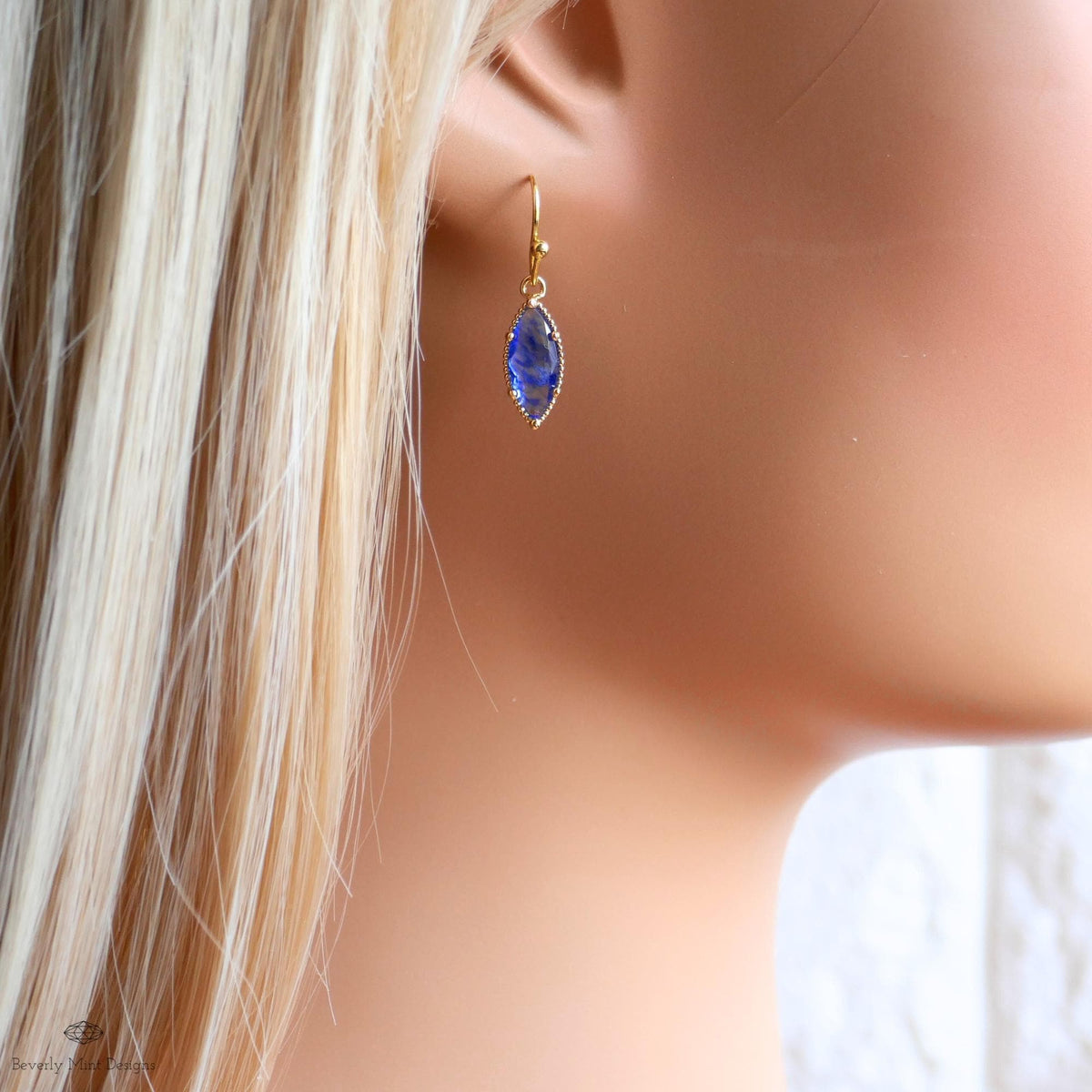 Blue Drop Earrings Marquise Dangle Earrings Gold Hook Earrings Sparkly Minimal Jewelry Romantic, Sensitive Ear & Clip-On Options