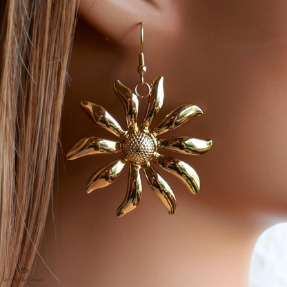 Gold Flower Earrings, Extra Large Statement Earrings, Bold Petal Dangle Earrings, Heavy Floral Jewelry, Sensitive Ear & Clip-On Options