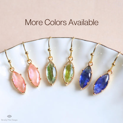 Blue Drop Earrings Marquise Dangle Earrings Gold Hook Earrings Sparkly Minimal Jewelry Romantic, Sensitive Ear & Clip-On Options