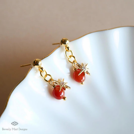 Gold Star Earrings, Minimalist Dangle Earrings, Celestial Statement Jewelry, Red Stone Dangle Earrings for Women