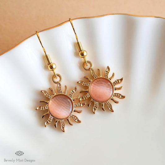 Sun Earrings, 18K Gold Boho Sun Earrings, Pink Earrings, Bohemian Style Earrings , Gold Sunburst Earrings, Sensitive Ear & Clip-On Options