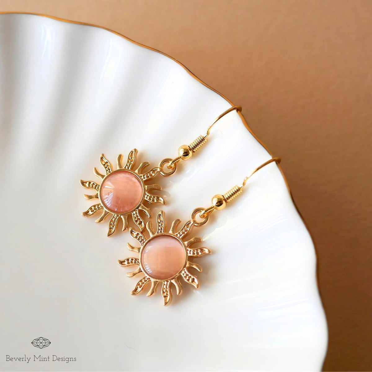 Sun Earrings, 18K Gold Boho Sun Earrings, Pink Earrings, Bohemian Style Earrings , Gold Sunburst Earrings, Sensitive Ear & Clip-On Options