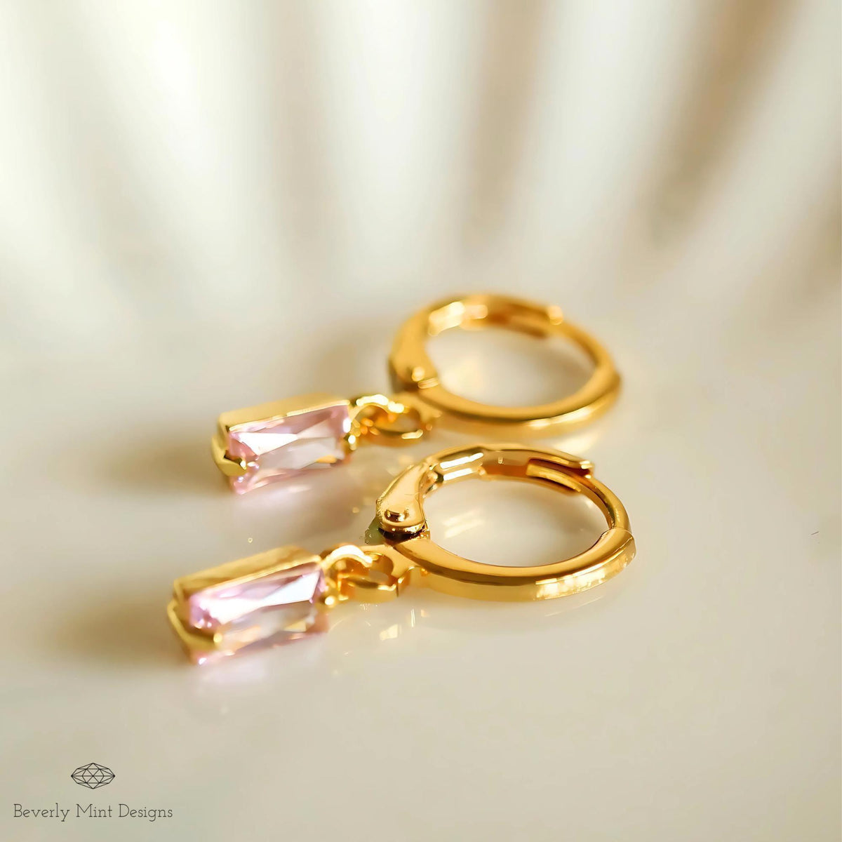 Gold Hoop Earrings, Pink Stone Drop Earrings, Dainty Gold Hoops, Minimalist Jewelry for Women, Lightweight, Sensitive Ear & Clip-On Options