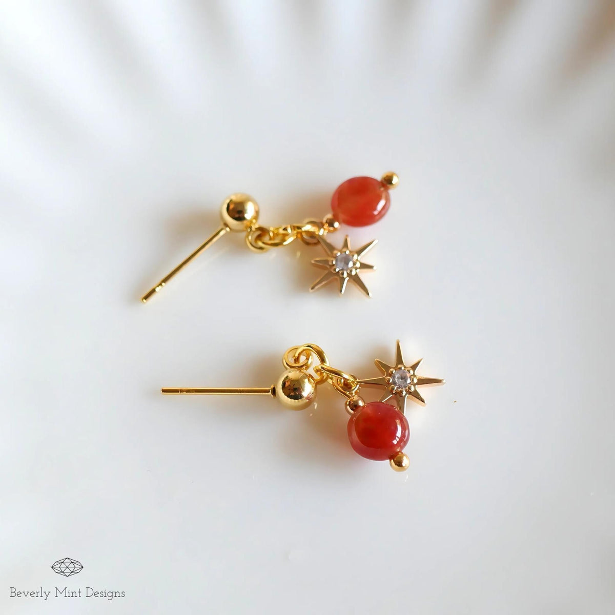 Gold Star Earrings, Minimalist Dangle Earrings, Celestial Statement Jewelry, Red Stone Dangle Earrings for Women