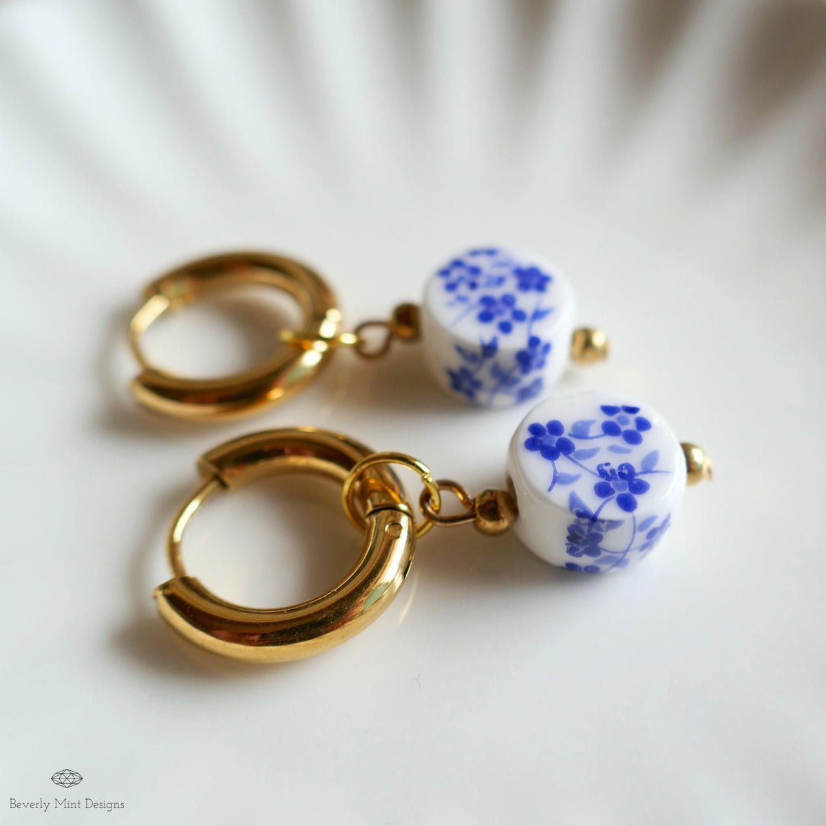 Blue and White Ceramic Bead Earrings, Chunky Gold Hoop Earrings with Floral Ceramic Beads, Chinoiserie Style Jewelry, Handmade Earrings