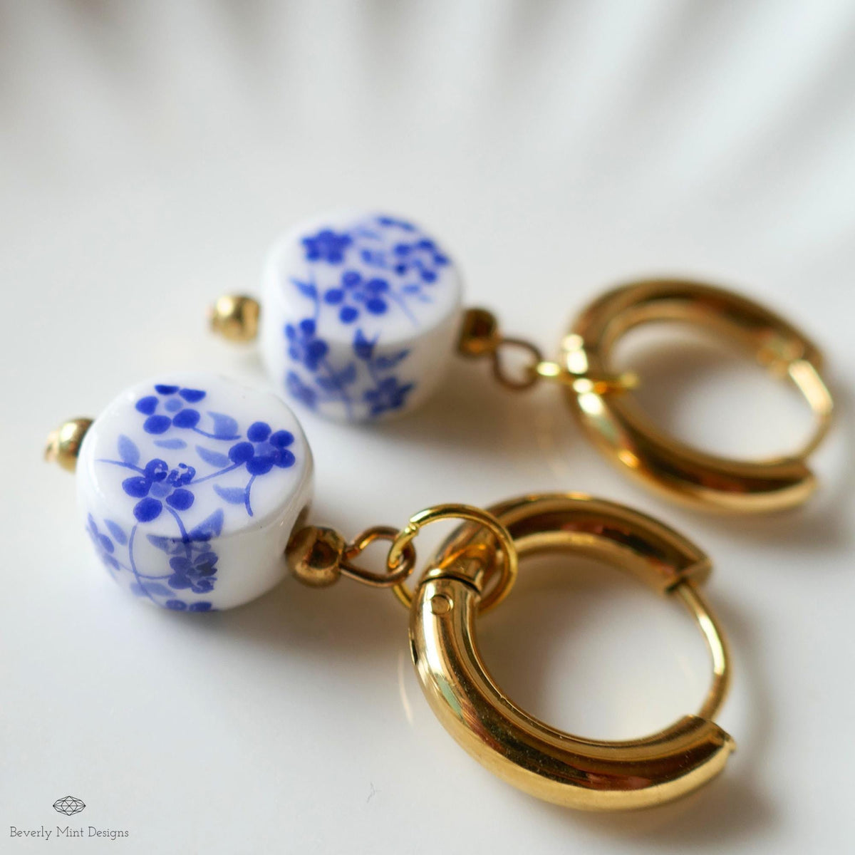 Blue and White Ceramic Bead Earrings, Chunky Gold Hoop Earrings with Floral Ceramic Beads, Chinoiserie Style Jewelry, Handmade Earrings