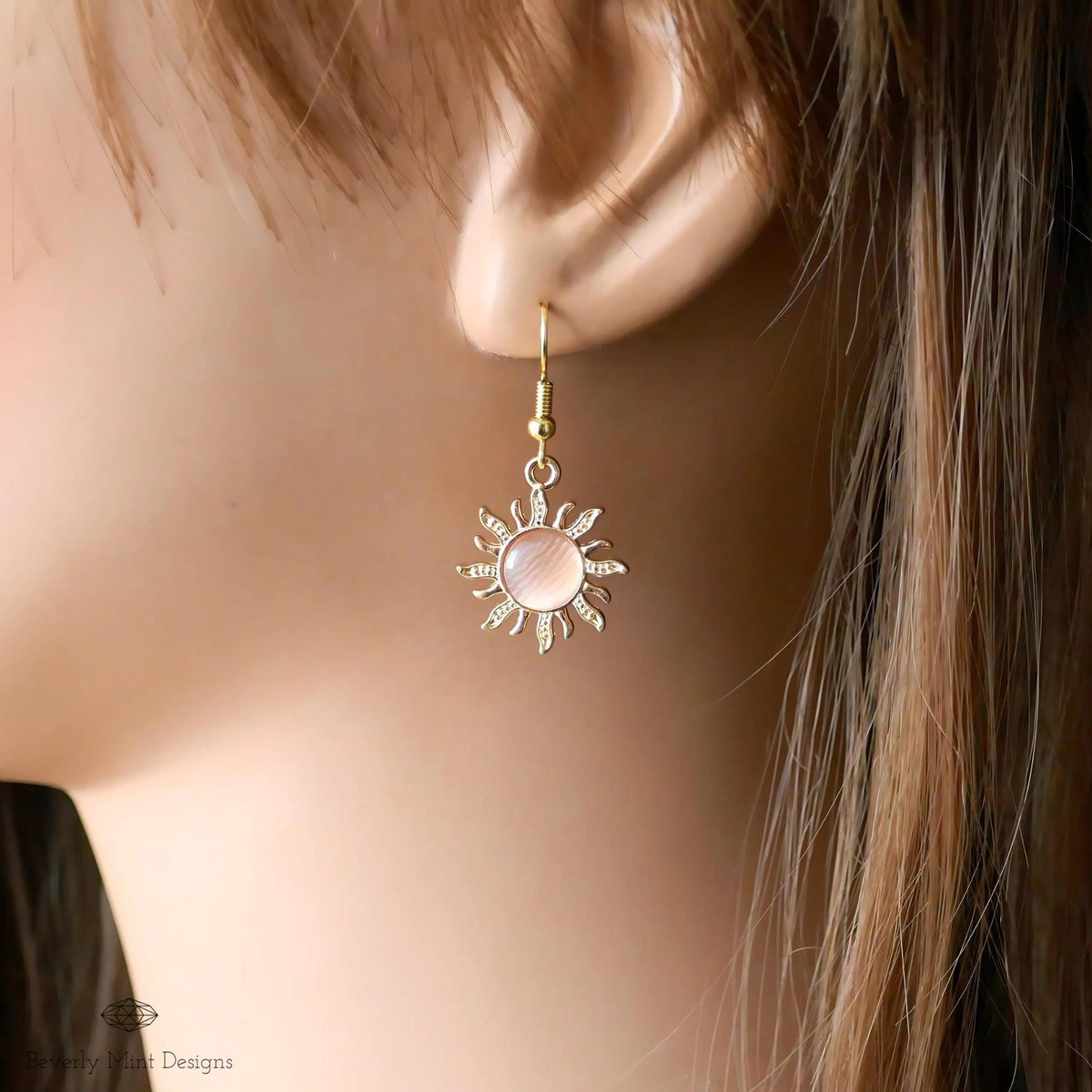Sun Earrings, 18K Gold Boho Sun Earrings, Pink Earrings, Bohemian Style Earrings , Gold Sunburst Earrings, Sensitive Ear & Clip-On Options