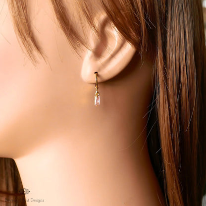 Gold Hoop Earrings, Pink Stone Drop Earrings, Dainty Gold Hoops, Minimalist Jewelry for Women, Lightweight, Sensitive Ear & Clip-On Options