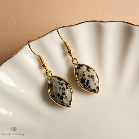 Dalmatian Jasper Hoop Earrings, Leopard Pattern Stone Earrings, Marquise Drop Earrings, Sensitive Ear & Clip-On Options