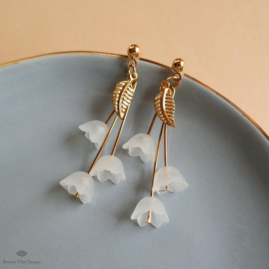 Lily of the Valley Dangle Earrings, Gold Leaf Nature Inspired Jewelry