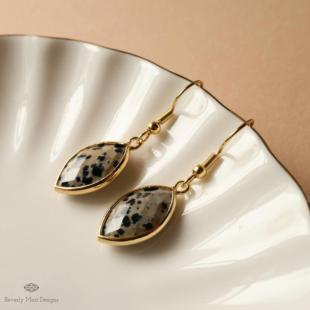 Dalmatian Jasper Hoop Earrings, Leopard Pattern Stone Earrings, Marquise Drop Earrings, Sensitive Ear & Clip-On Options
