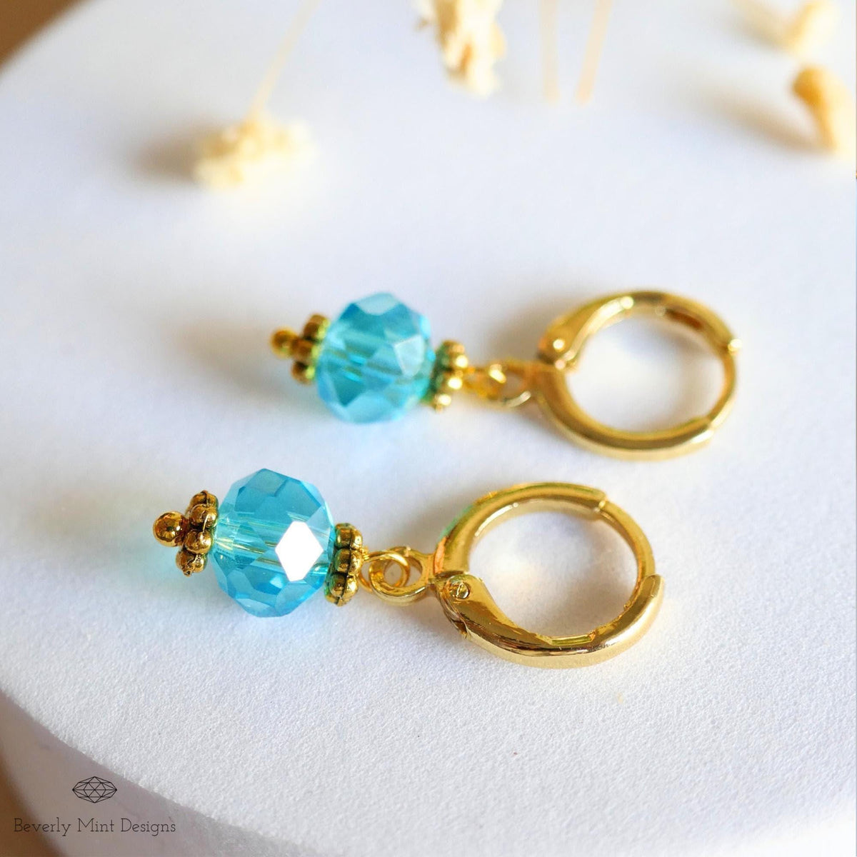 Gold Hoop Earrings with Blue Beads ,Handmade Dangle Earrings, Elegant Jewelry for Women, Sensitive Ear & Clip-On Options