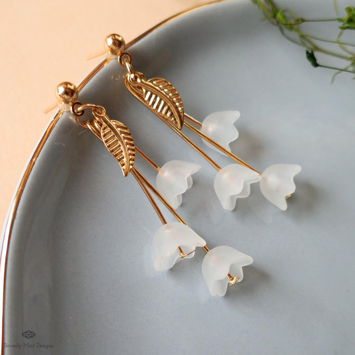 Lily of the Valley Dangle Earrings, Gold Leaf Nature Inspired Jewelry