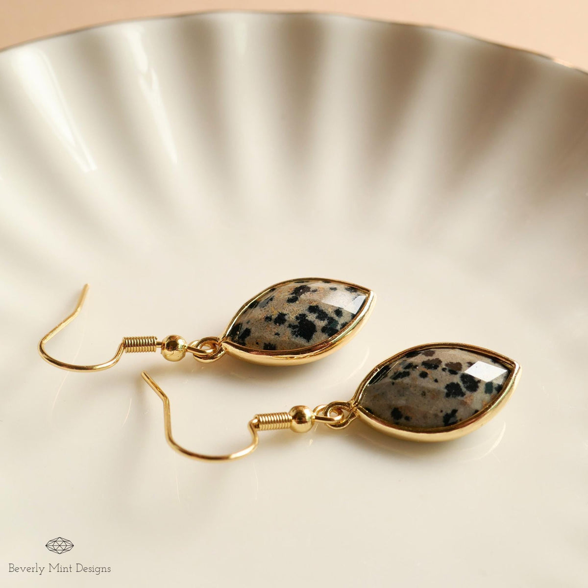 Dalmatian Jasper Hoop Earrings, Leopard Pattern Stone Earrings, Marquise Drop Earrings, Sensitive Ear & Clip-On Options