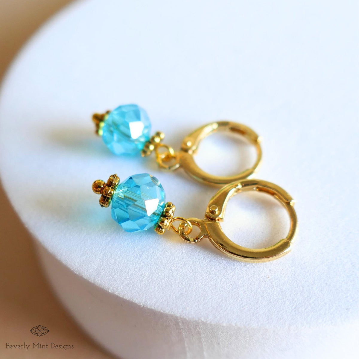Gold Hoop Earrings with Blue Beads ,Handmade Dangle Earrings, Elegant Jewelry for Women, Sensitive Ear & Clip-On Options