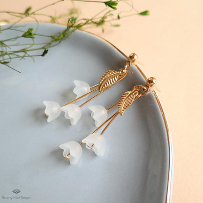 Lily of the Valley Dangle Earrings, Gold Leaf Nature Inspired Jewelry