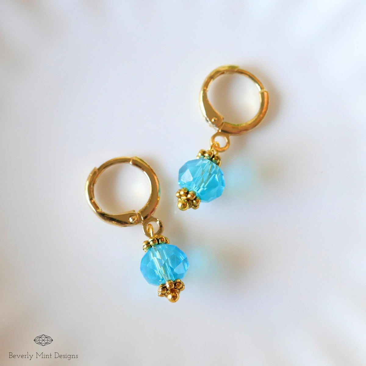 Gold Hoop Earrings with Blue Beads ,Handmade Dangle Earrings, Elegant Jewelry for Women, Sensitive Ear & Clip-On Options