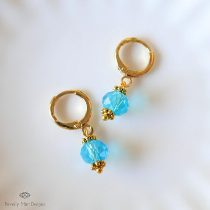 Gold Hoop Earrings with Blue Beads ,Handmade Dangle Earrings, Elegant Jewelry for Women, Sensitive Ear & Clip-On Options