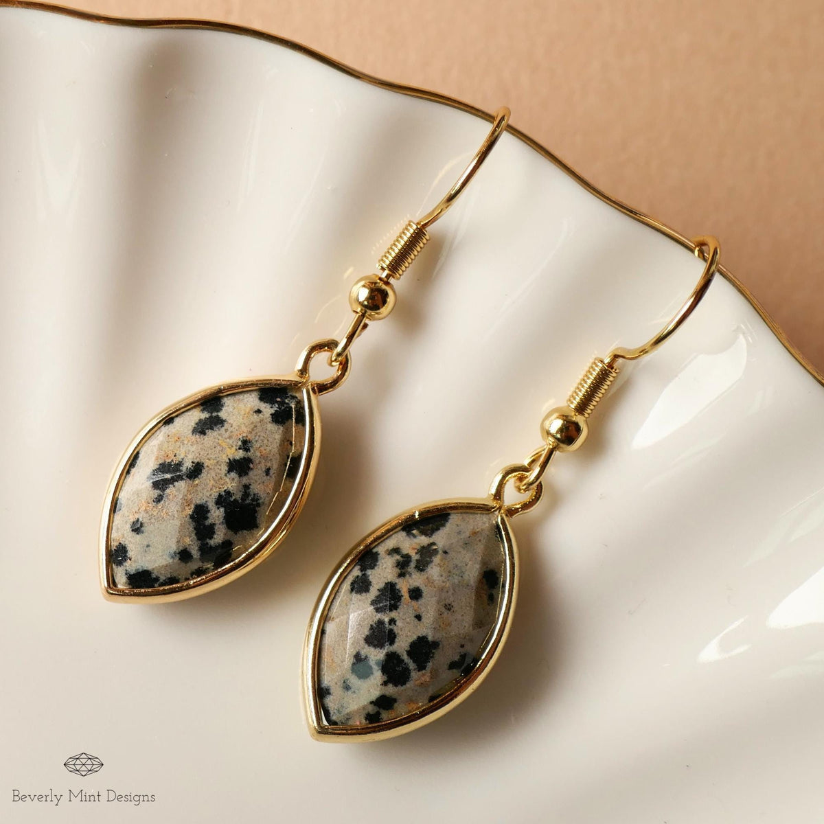 Dalmatian Jasper Hoop Earrings, Leopard Pattern Stone Earrings, Marquise Drop Earrings, Sensitive Ear & Clip-On Options