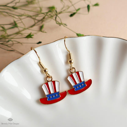 Patriotic Hat Earrings, Uncle Sam Hat Jewelry, Red White Blue Dangle Earrings, USA 4th of July Earrings, Sensitive Ear & Clip-On Options