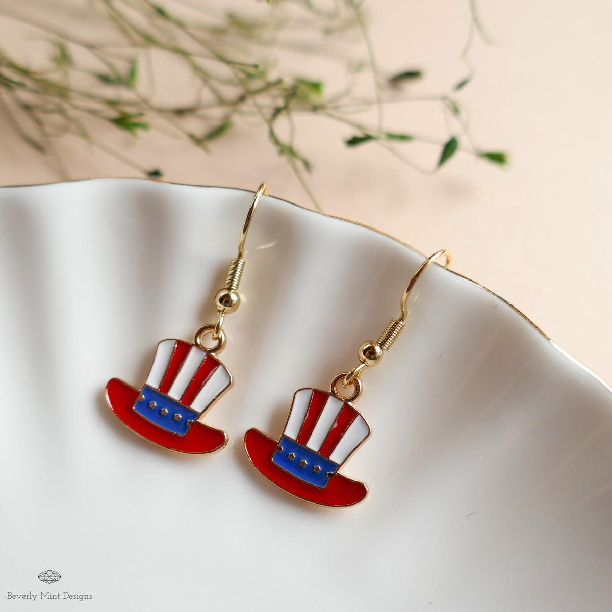 Patriotic Hat Earrings, Uncle Sam Hat Jewelry, Red White Blue Dangle Earrings, USA 4th of July Earrings, Sensitive Ear & Clip-On Options