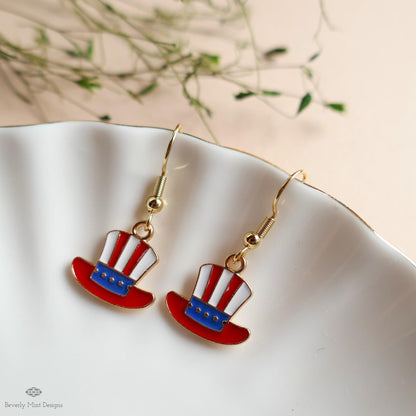 Patriotic Hat Earrings, Uncle Sam Hat Jewelry, Red White Blue Dangle Earrings, USA 4th of July Earrings, Sensitive Ear & Clip-On Options