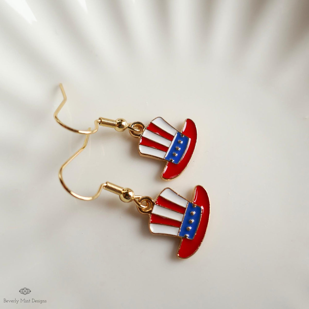 Patriotic Hat Earrings, Uncle Sam Hat Jewelry, Red White Blue Dangle Earrings, USA 4th of July Earrings, Sensitive Ear & Clip-On Options