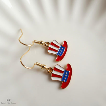 Patriotic Hat Earrings, Uncle Sam Hat Jewelry, Red White Blue Dangle Earrings, USA 4th of July Earrings, Sensitive Ear & Clip-On Options
