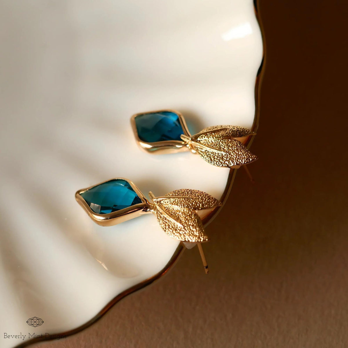 Gold Leaf Earrings, Blue Gemstone Dangle Earrings, Nature-Inspired Jewelry for Women, Something Blue Earrings