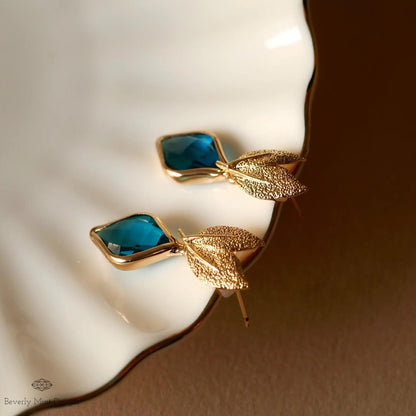 Gold Leaf Earrings, Blue Gemstone Dangle Earrings, Nature-Inspired Jewelry for Women, Something Blue Earrings