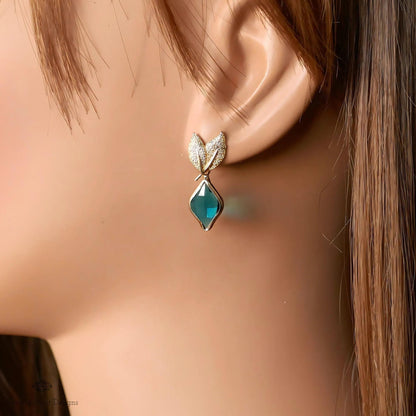 Gold Leaf Earrings, Blue Gemstone Dangle Earrings, Nature-Inspired Jewelry for Women, Something Blue Earrings