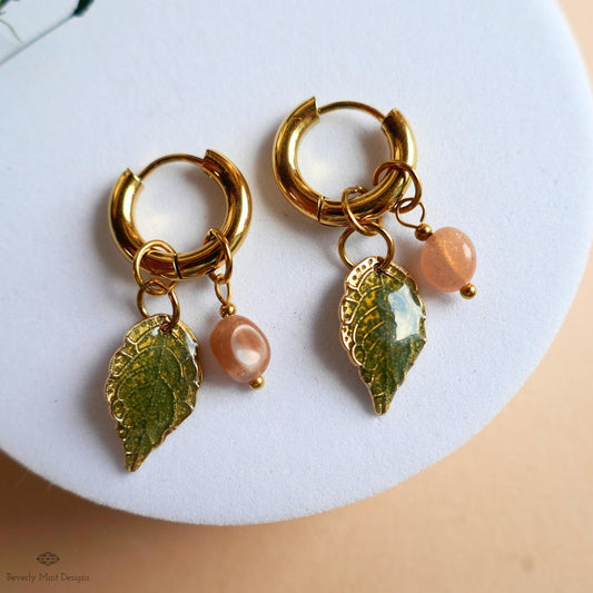 Sunstone Leaf Earrings, Gold Huggie Hoops with Natural Stone, Botanical Dangle Earrings, Nature Jewelry,