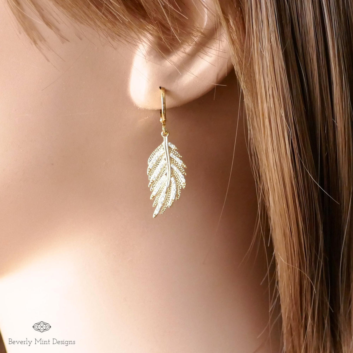 Gold Leaf Earrings with 18K Gold Posts, Leafy Dangle and Drop Earrings, Anniversary Gift, Sensitive Ear & Clip-On Options