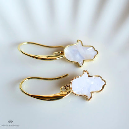 Gold Hamsa Hand Earrings, Mother of Pearl Style Drop Earrings, Dainty Spiritual Jewelry, Sensitive Ear & Clip-On Options
