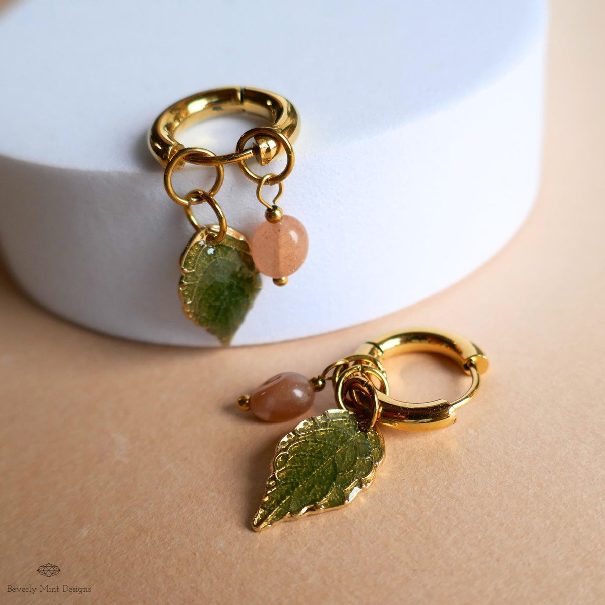 Sunstone Leaf Earrings, Gold Huggie Hoops with Natural Stone, Botanical Dangle Earrings, Nature Jewelry,
