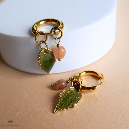 Sunstone Leaf Earrings, Gold Huggie Hoops with Natural Stone, Botanical Dangle Earrings, Nature Jewelry,