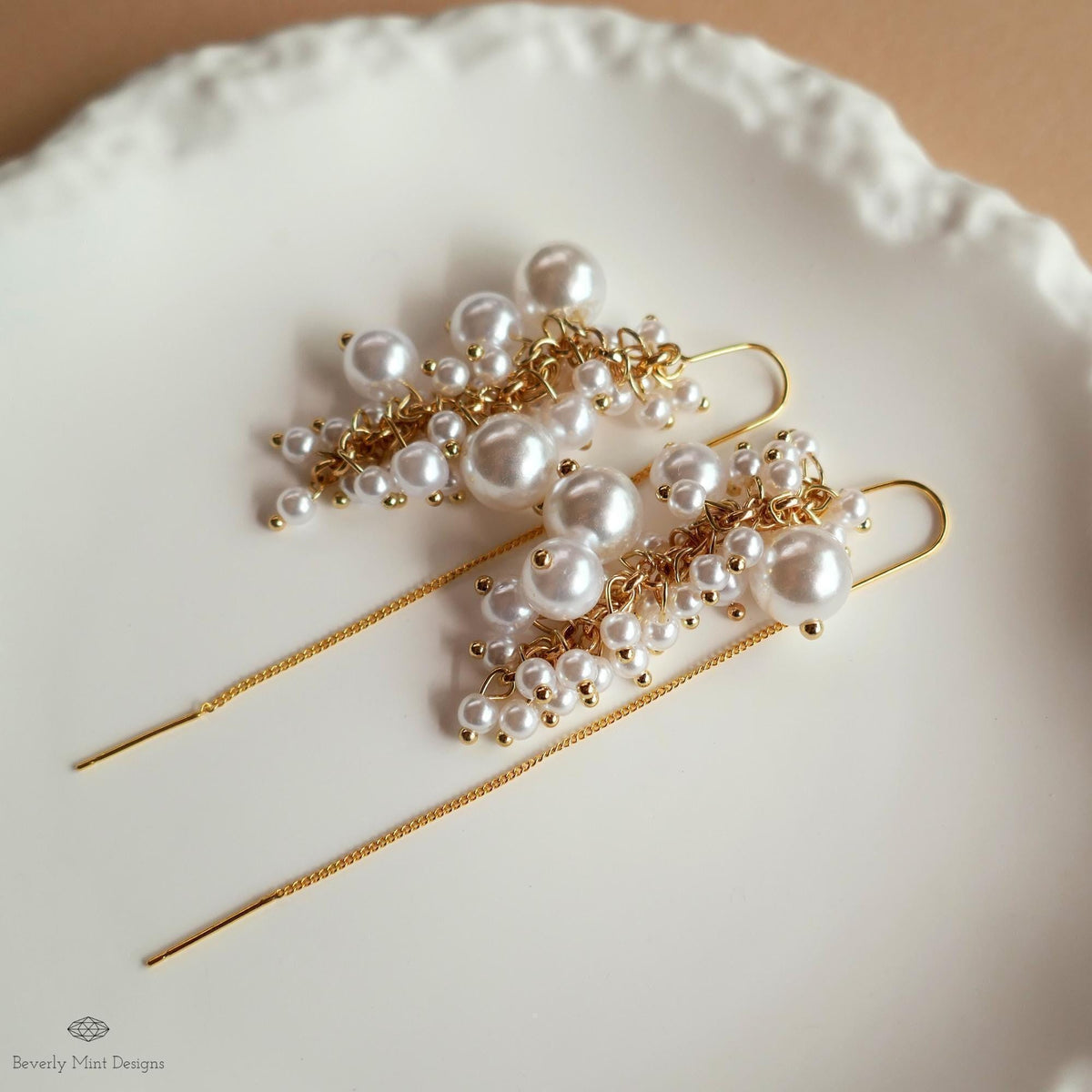 Pearl Cluster Threader Earrings, Long Statement Drop Earrings, Gold Chain Bridal Jewelry, Elegant, Sensitive Ear & Clip-On Options