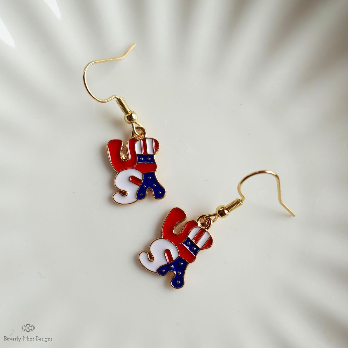 USA Patriotic Earrings, Red White Blue Dangle Jewelry, American Flag Letter Earrings, Sensitive Ear & Clip-On Options