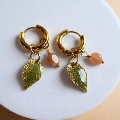 Sunstone Leaf Earrings, Gold Huggie Hoops with Natural Stone, Botanical Dangle Earrings, Nature Jewelry,