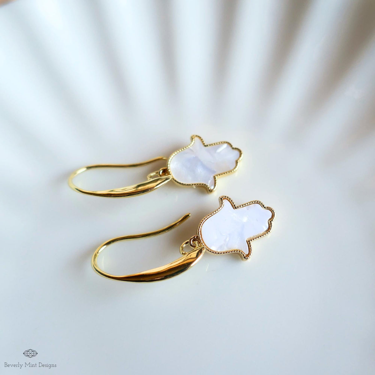 Gold Hamsa Hand Earrings, Mother of Pearl Style Drop Earrings, Dainty Spiritual Jewelry, Sensitive Ear & Clip-On Options