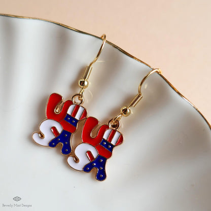 USA Patriotic Earrings, Red White Blue Dangle Jewelry, American Flag Letter Earrings, Sensitive Ear & Clip-On Options