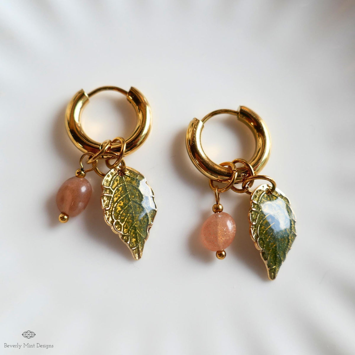 Sunstone Leaf Earrings, Gold Huggie Hoops with Natural Stone, Botanical Dangle Earrings, Nature Jewelry,