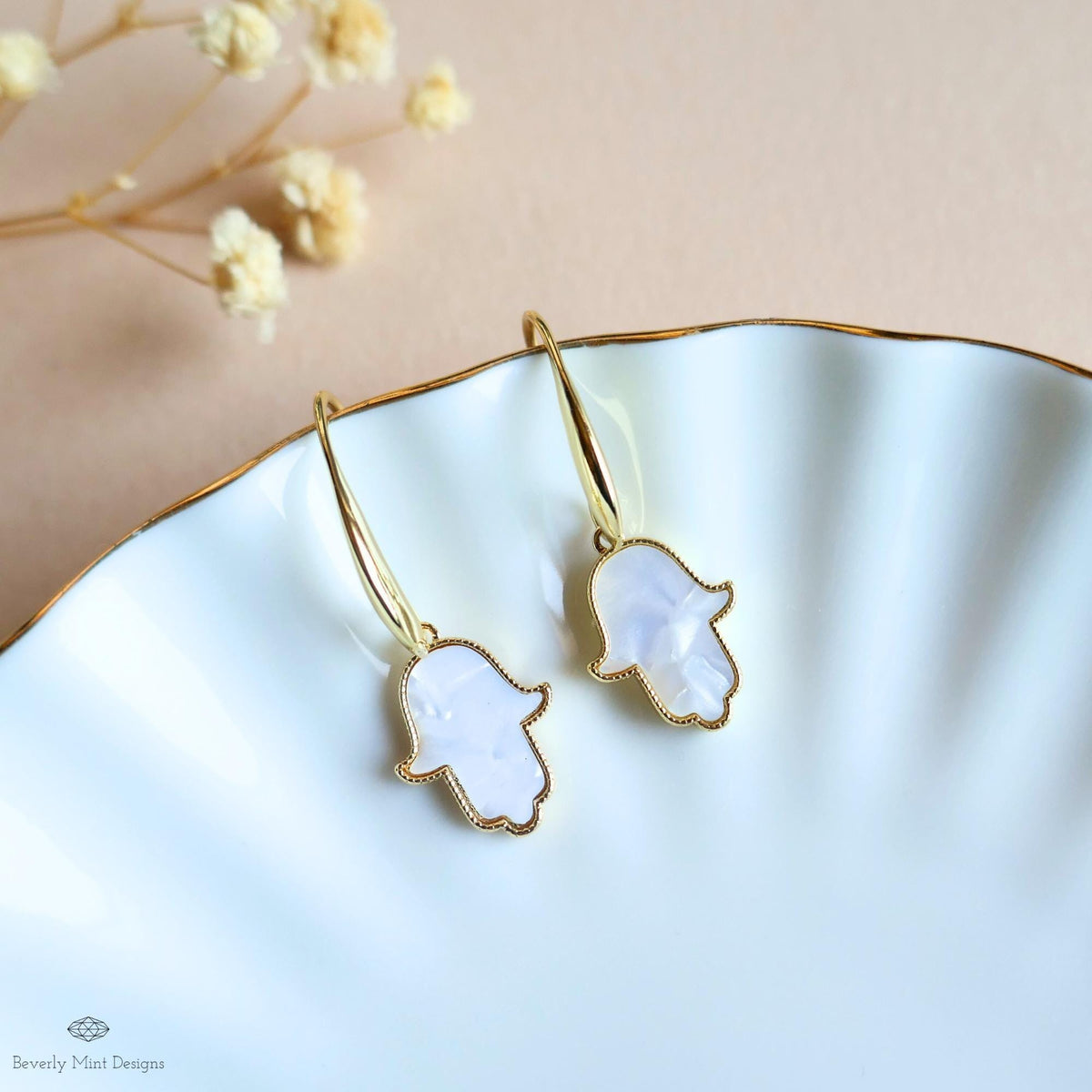 Gold Hamsa Hand Earrings, Mother of Pearl Style Drop Earrings, Dainty Spiritual Jewelry, Sensitive Ear & Clip-On Options