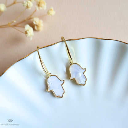 Gold Hamsa Hand Earrings, Mother of Pearl Style Drop Earrings, Dainty Spiritual Jewelry, Sensitive Ear & Clip-On Options