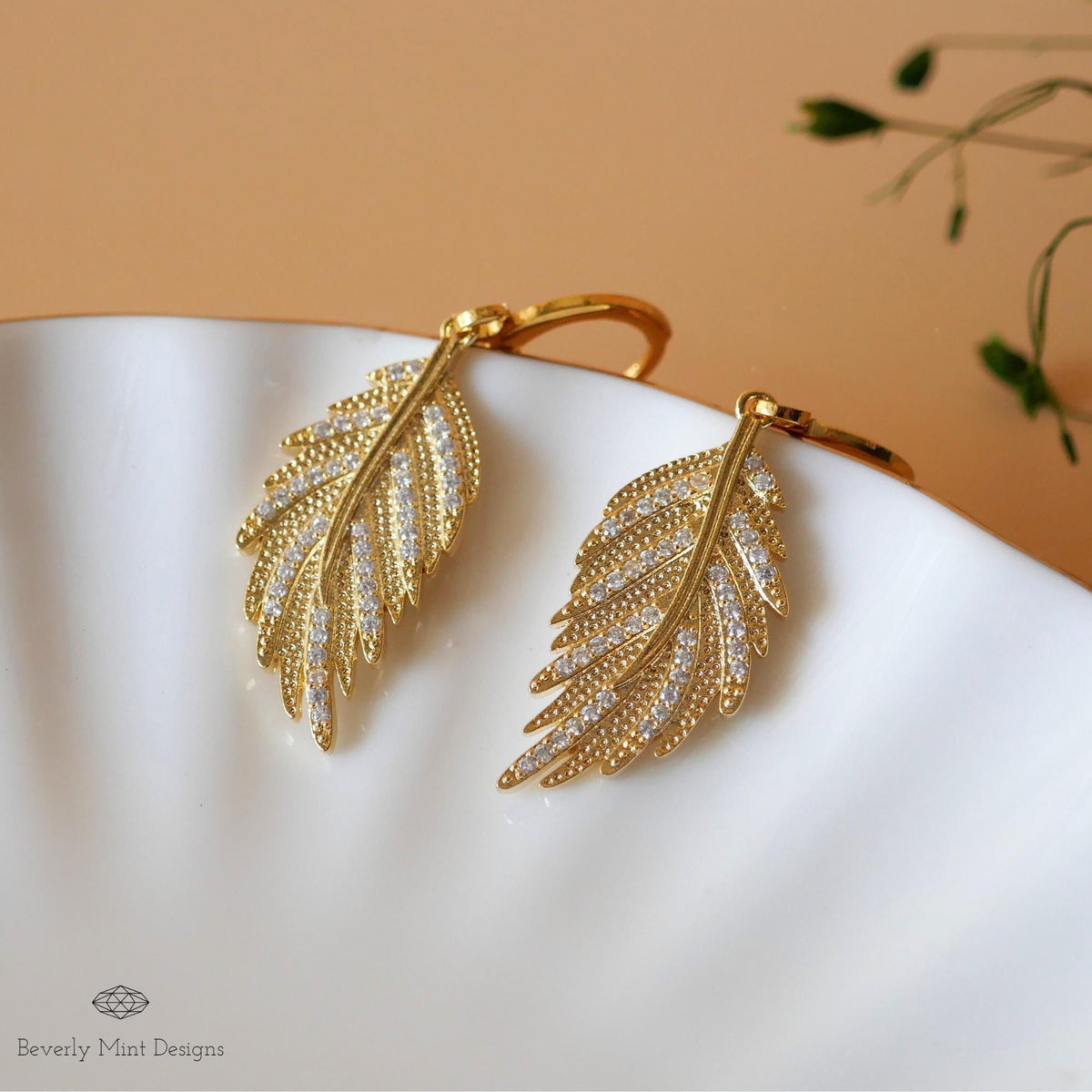 Gold Leaf Earrings with 18K Gold Posts, Leafy Dangle and Drop Earrings, Anniversary Gift, Sensitive Ear & Clip-On Options