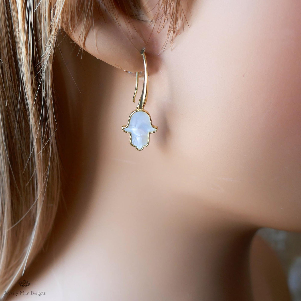Gold Hamsa Hand Earrings, Mother of Pearl Style Drop Earrings, Dainty Spiritual Jewelry, Sensitive Ear & Clip-On Options