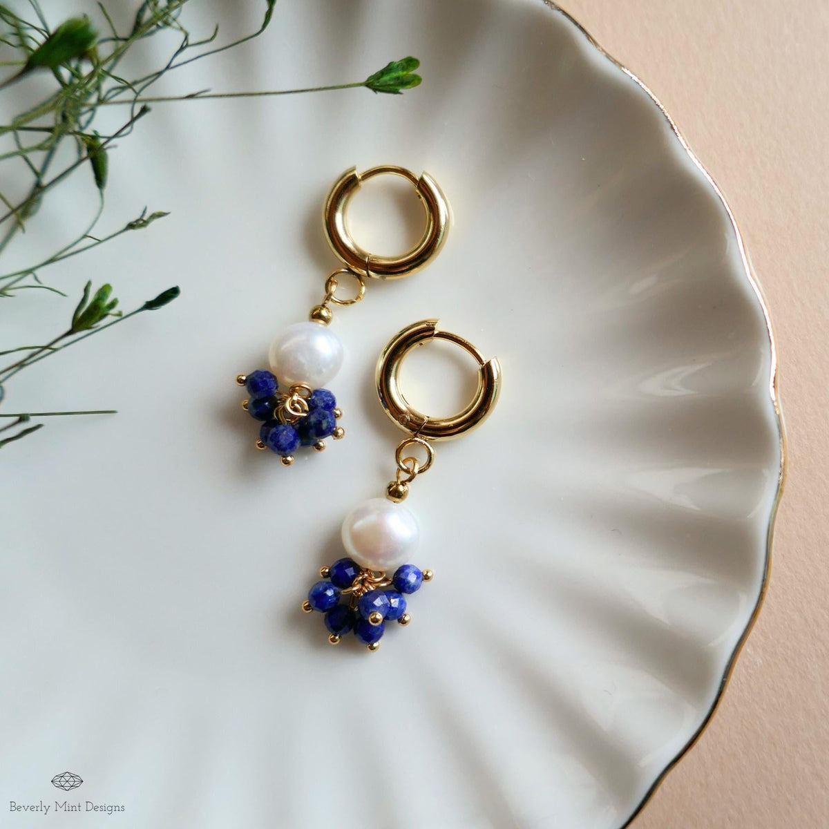 Pearl and Blue Stone Huggie Earrings, Dainty Gold Hoop Earrings, Elegant Cluster Jewelry, Bridesmaid Gift