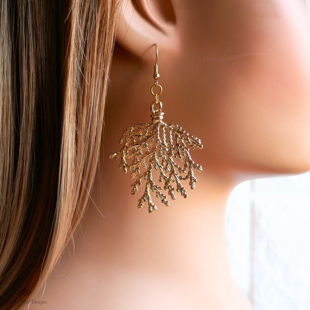 Gold Branch Earrings, Nature Inspired Large Statement Earrings, Coral Leaf Dangle Earrings, Sensitive Ear & Clip-On Options