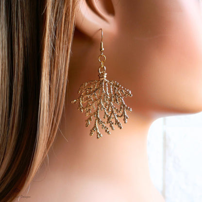 Gold Branch Earrings, Nature Inspired Large Statement Earrings, Coral Leaf Dangle Earrings, Sensitive Ear & Clip-On Options