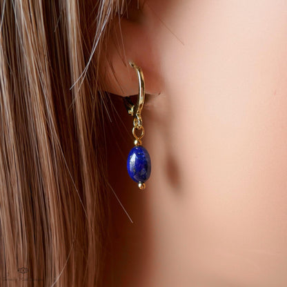 Lapis Earrings, Gold Huggie Hoop Earrings, Blue Gemstone Drop Earrings, Lapis Lazuli Jewelry, Sensitive Ear & Clip-On Options